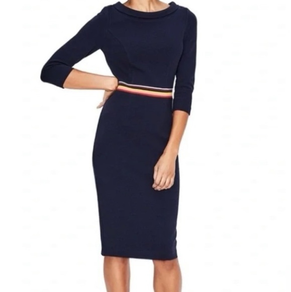 BODEN 🌼 Daisy Ottoman Rainbow Stripe Navy Blue Knit Sheath Dress Womens Sz 18L